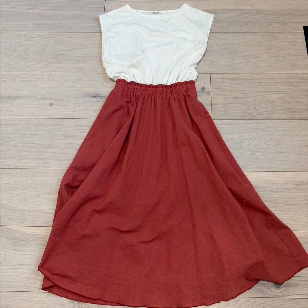 Japanese Brand Ruffle Waist White and Pink Non-Sleeve Casual Dress